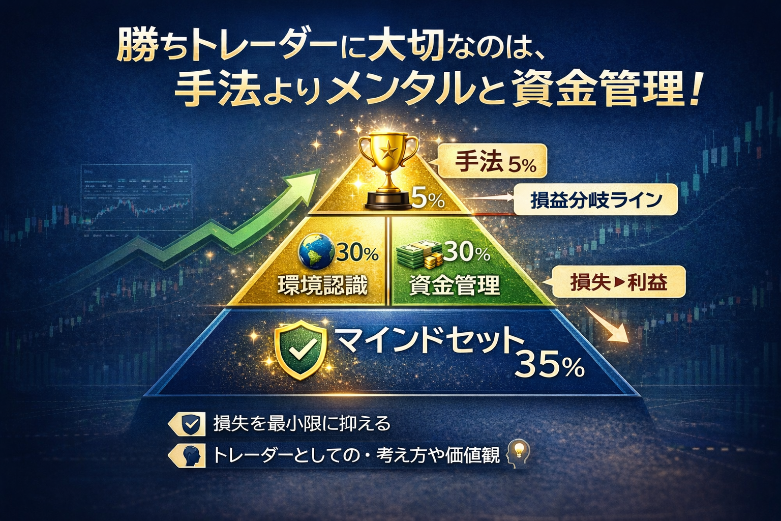 勝ちトレーダーに大切なのは手法よりメンタルと資金管理であることを示す図